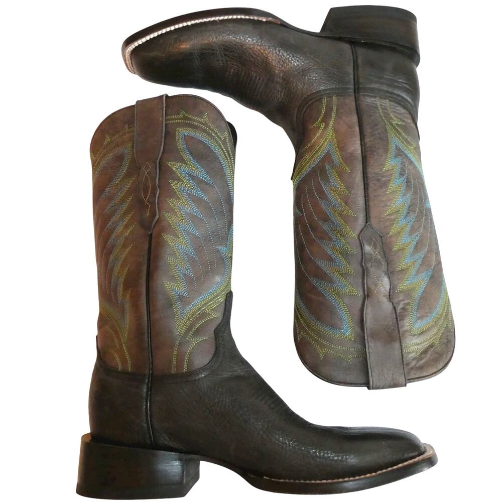 Azulado Boots Walker Stitched Square Toe Black Brown Embroidered 9.5 D